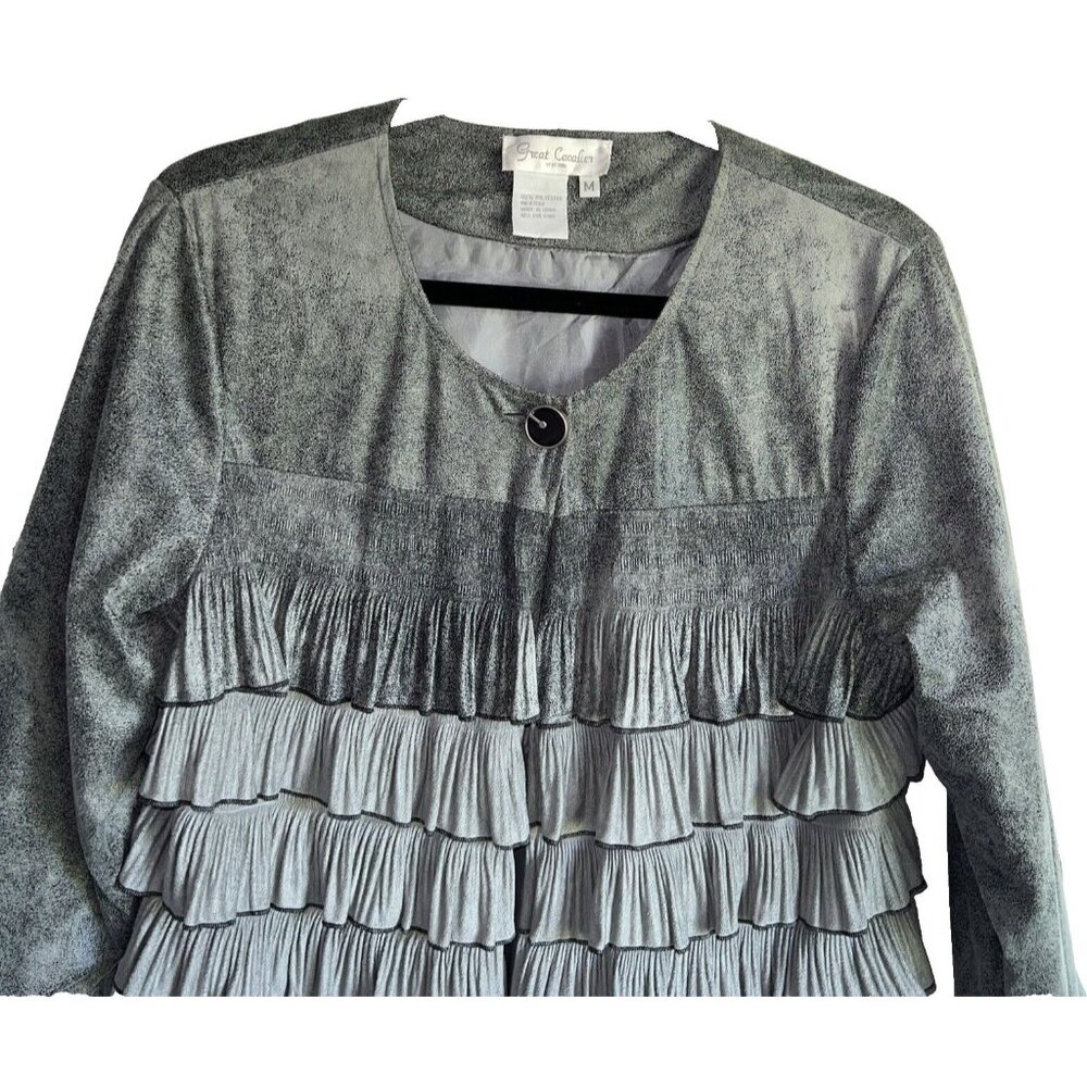 Great Cavalier Womens Tiered Ruffle Faux Suede Jacket Medium Grays Button - Picture 2 of 8